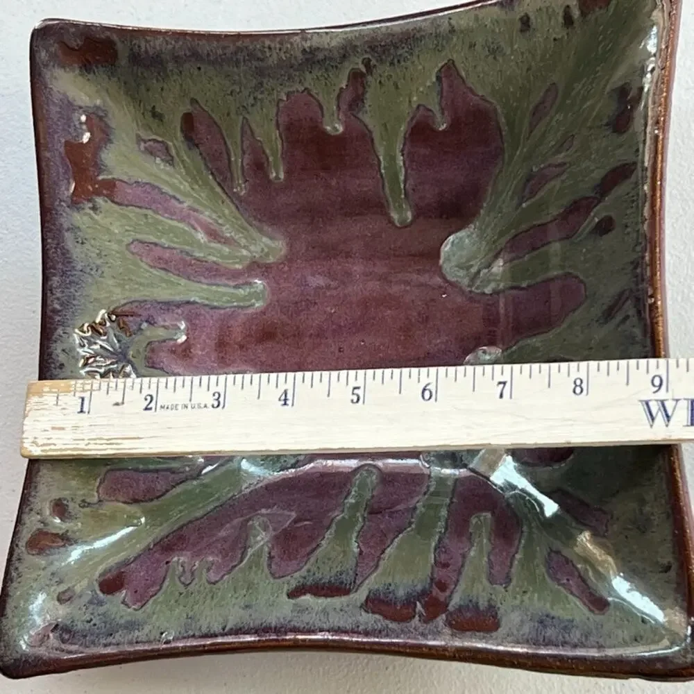 Signed Studio Art Trinket Tray Large Raised Square 9 x 1.5in Purple & Green Drip